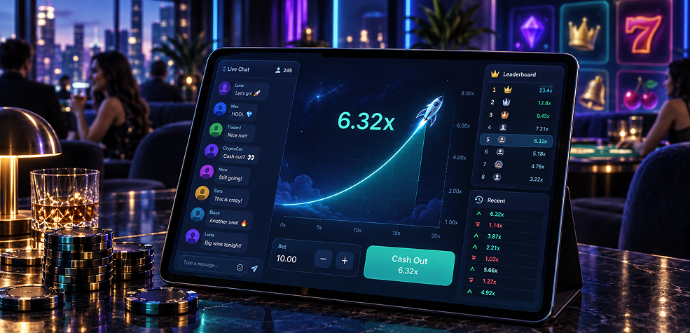 Crash game with chat and leaderboard features