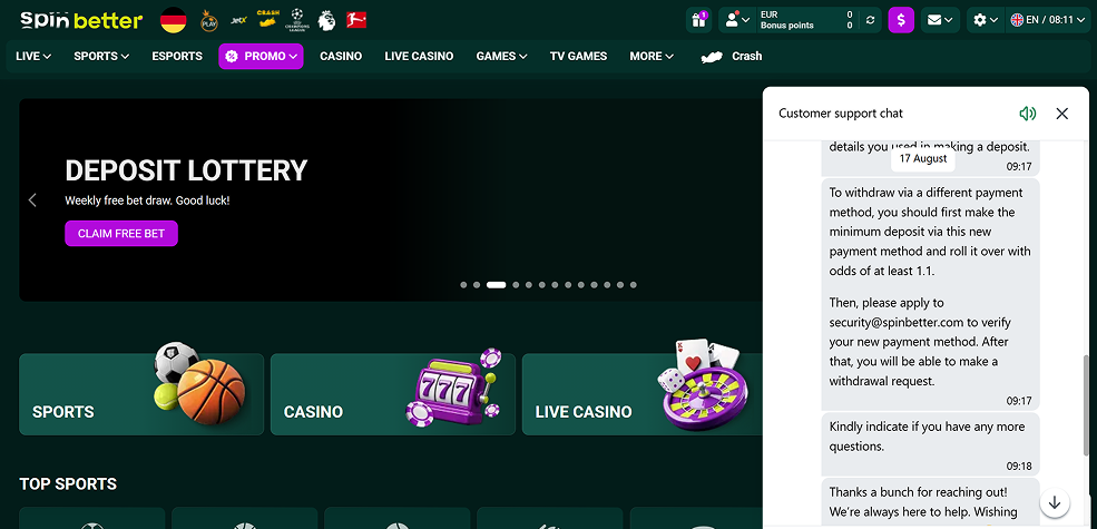 SpinBetter Casino support tested